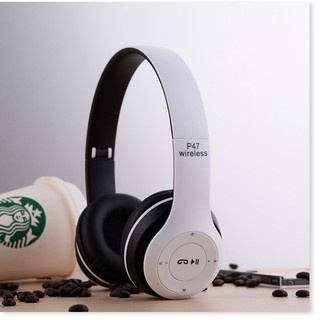 Tai nghe bluetooth chụp tai cao cấp có khe thẻ nhớ Bluetooth P47 (Trắng) kèm cáp sạc
