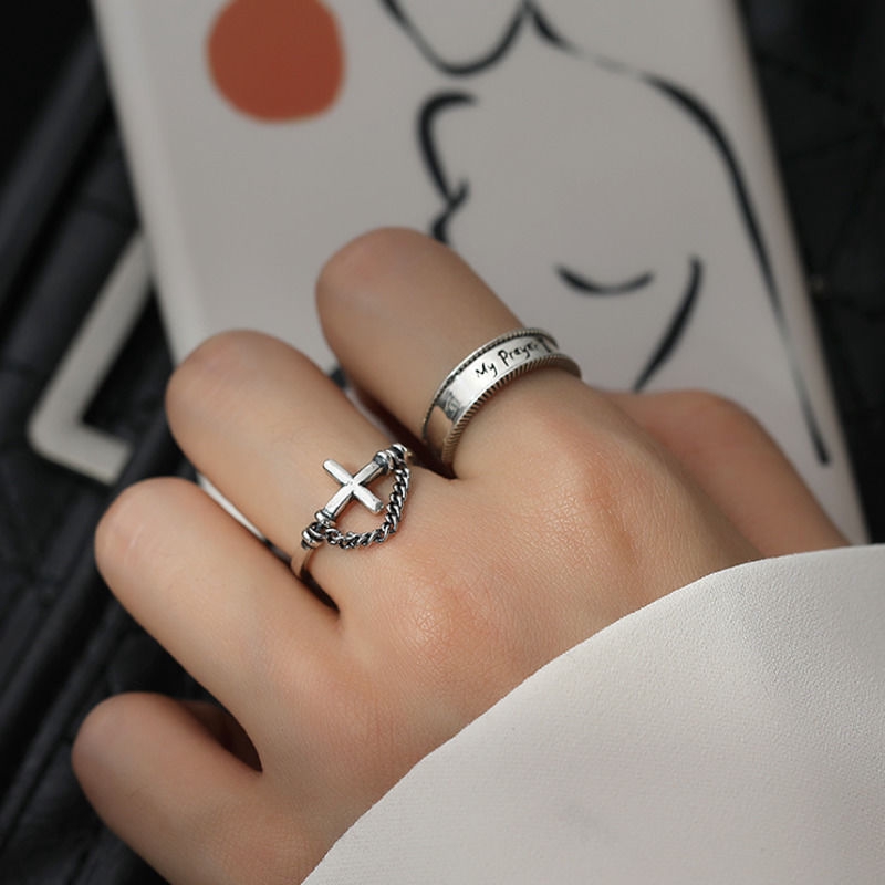 Nhẫn chữ thập màu bạc phong cách cổ điển cá tính