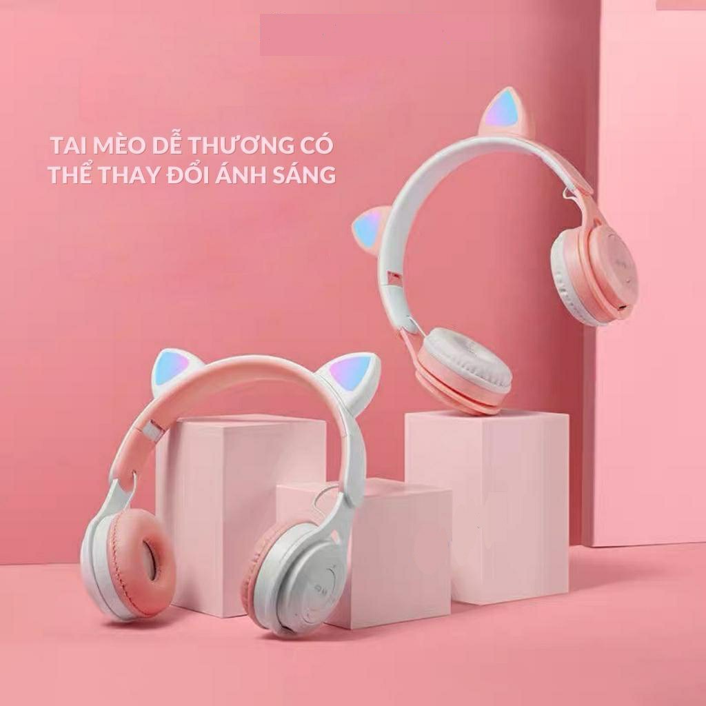 Tai nghe chụp tai bluetooth có mic headphone không dây cute dễ thương tai mèo nghe nhạc Led 7 màu, học online P47