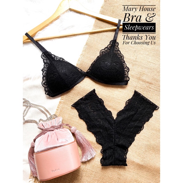 Bộ Bộ Bralette Ren Mút Ngực Quần Y Đen 10F Mary House Bra & Sleepwears