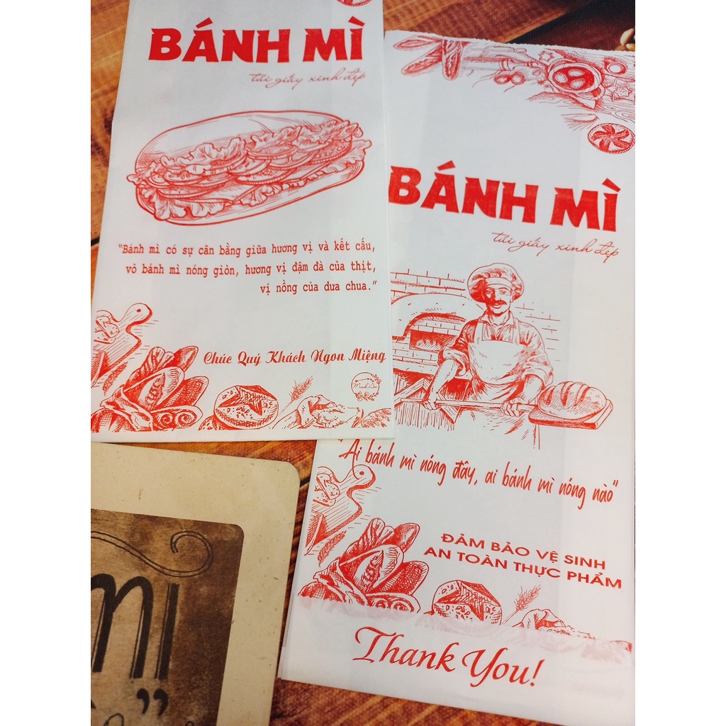 100 Túi Giấy ĐỰNG BÁNH MÌ TRUYỀN THỐNG Họa Tiết Đỏ (M.AN ĐỎ) Size 24x10x4cm (Giấy Thực Phẩm Kraft)