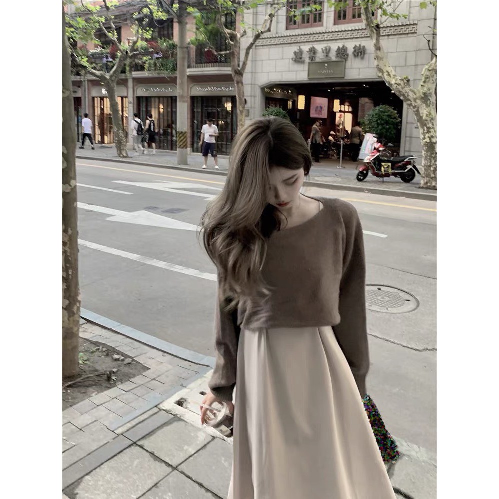 Sét váy nhung mix áo len nâu trễ vai  vải nhung mềm mịn kết hợp áo len siêu dễ thương