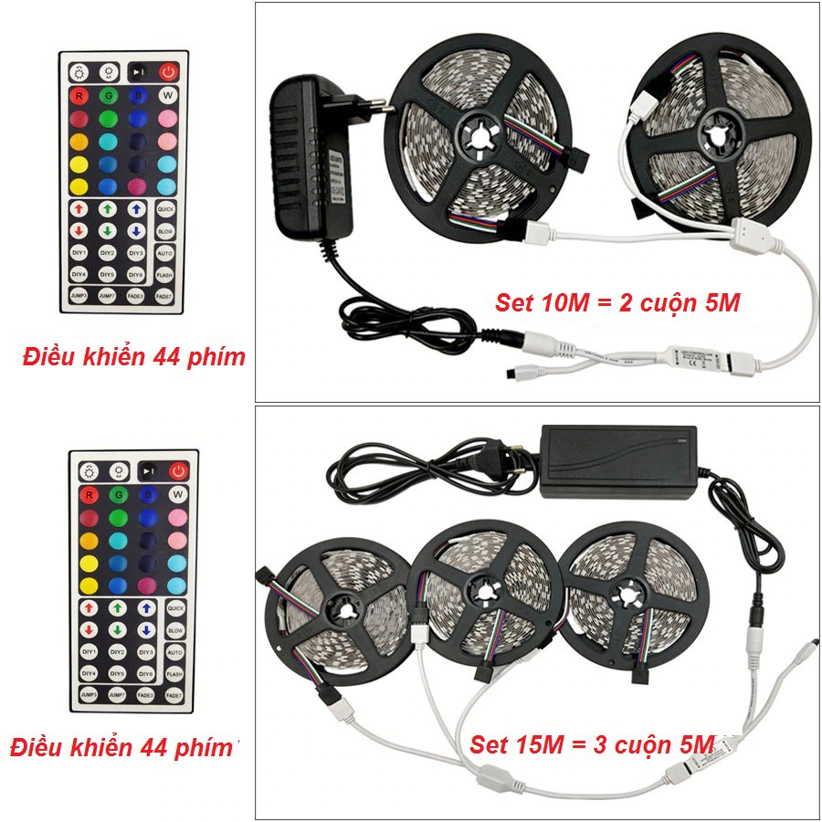 Combo đèn trang trí đèn led tiktok 5M,10M,15M + điều khiển từ xa 44 phím + bộ nguôn 12v,  đèn led dây RGB mix nhiều màu