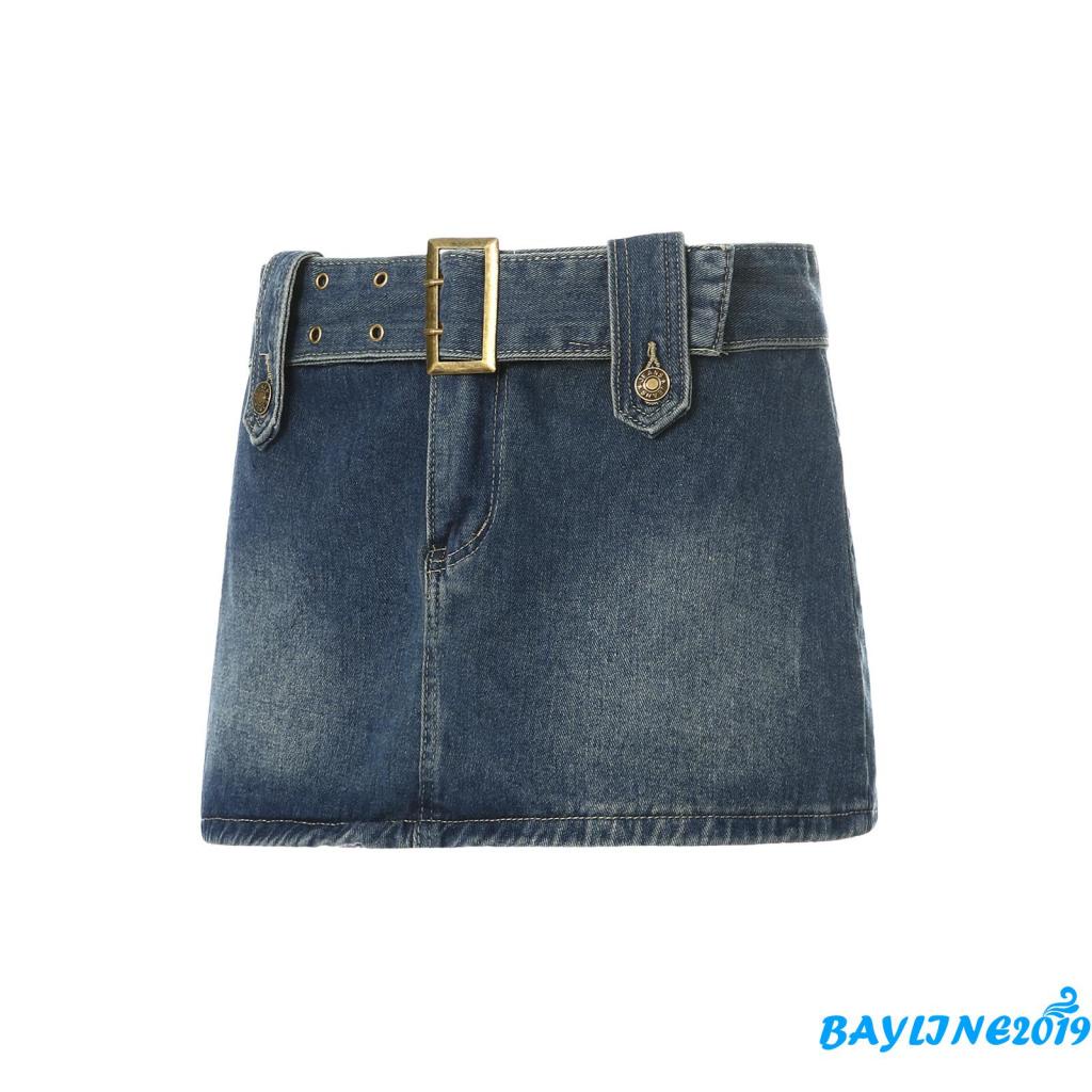 Bay-Women Casual Skirt, High Waist Solid Color Slim Fit Short Skirt with Wide Belt, Dark Blue/Black