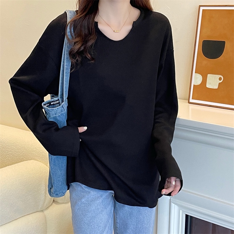 SUA002 Áo thun không cổ khoét tay dài thu đông đen trắng ghi nam nữ Hàn Quốc Áo phông unisex form rộng Ulzzang đẹp hot