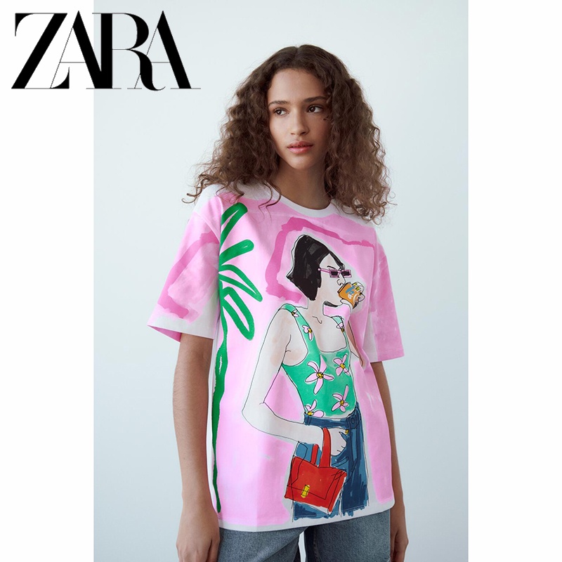 Áo Thun ZARA In Họa Tiết Phối Màu Tương Phản Cá Tính Cho Nữ