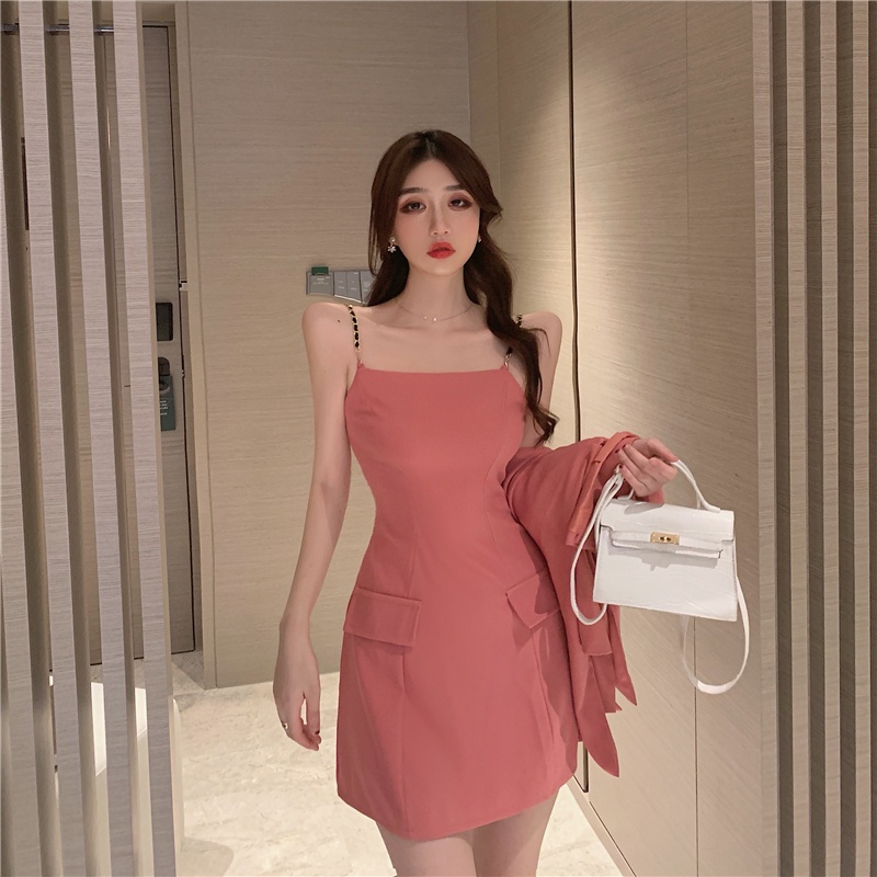 Set áo croptop vest + váy hai dây sang chảnh màu hồng và màu đen HS97 Hỉn Hỉn Store