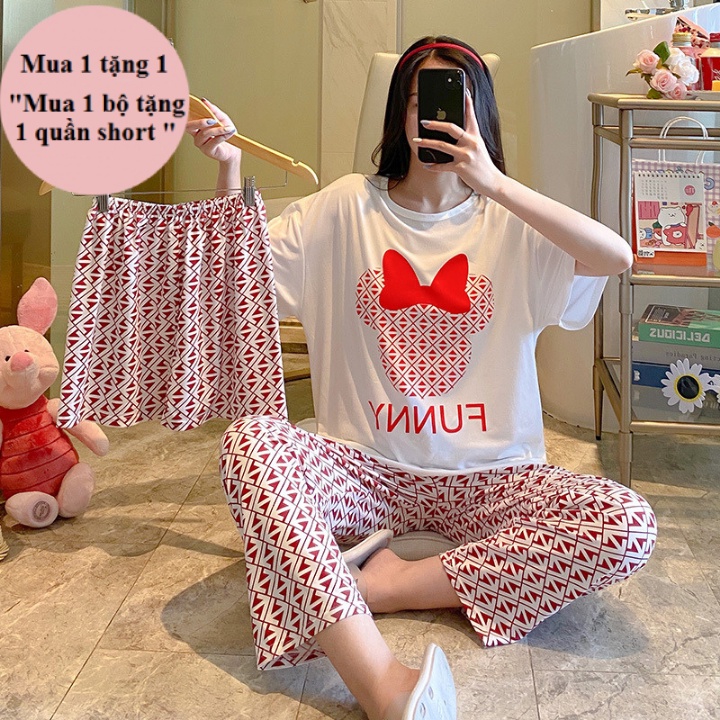 Đồ bộ nữ mặc nhà mùa hè quần dài TOZZO in hình dễ thương cute form bigsize phong cách hàn quốc 50-70Kg SET3 | BigBuy360 - bigbuy360.vn