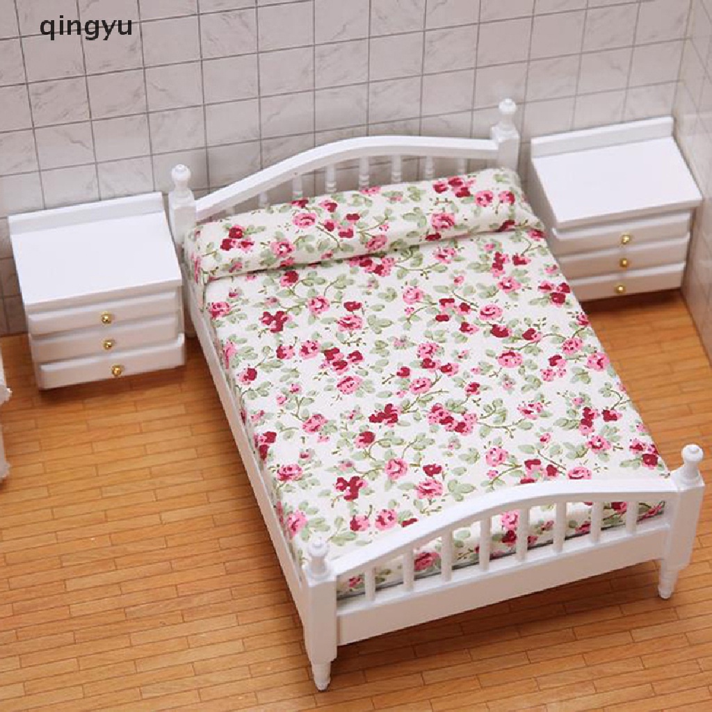 1 Giường Đôi + 1 Bàn Đầu Giường Mini Tỉ Lệ 1: 12 Trang Trí Nhà Búp Bê