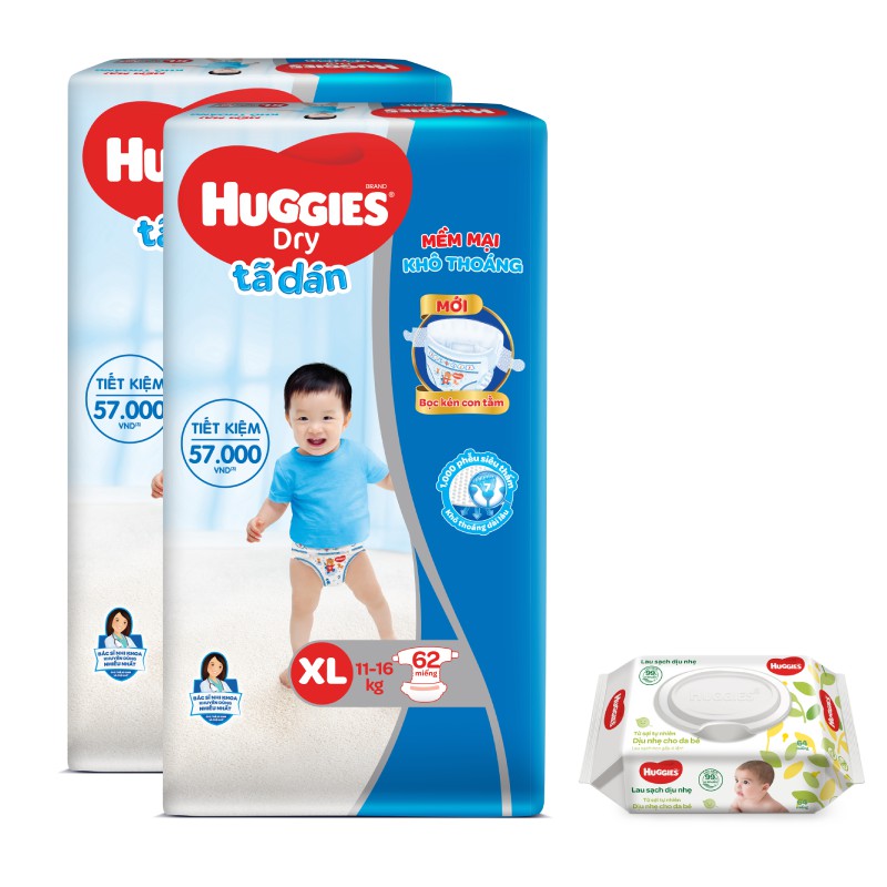 [Tặng khăn ướt 64 tờ] Combo 2 Tã dán Huggies Dry Super Jumbo M76/L68/XL62/XXL56