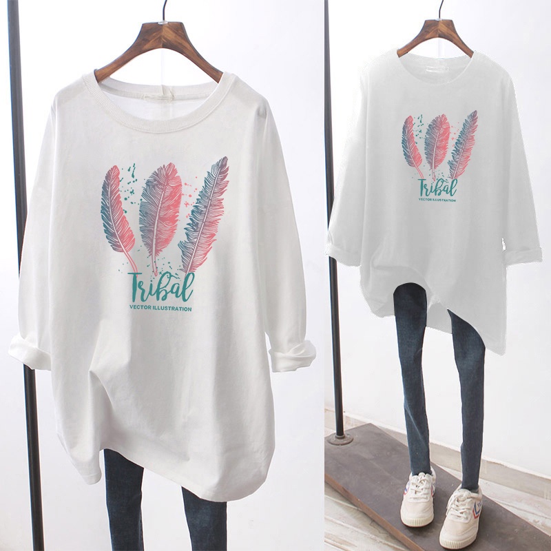 NRVP Plus Áo Thun Nữ Tay Dài Cổ Tròn Dáng Rộng In Hình Hoạt Hình Size Lớn 5xl