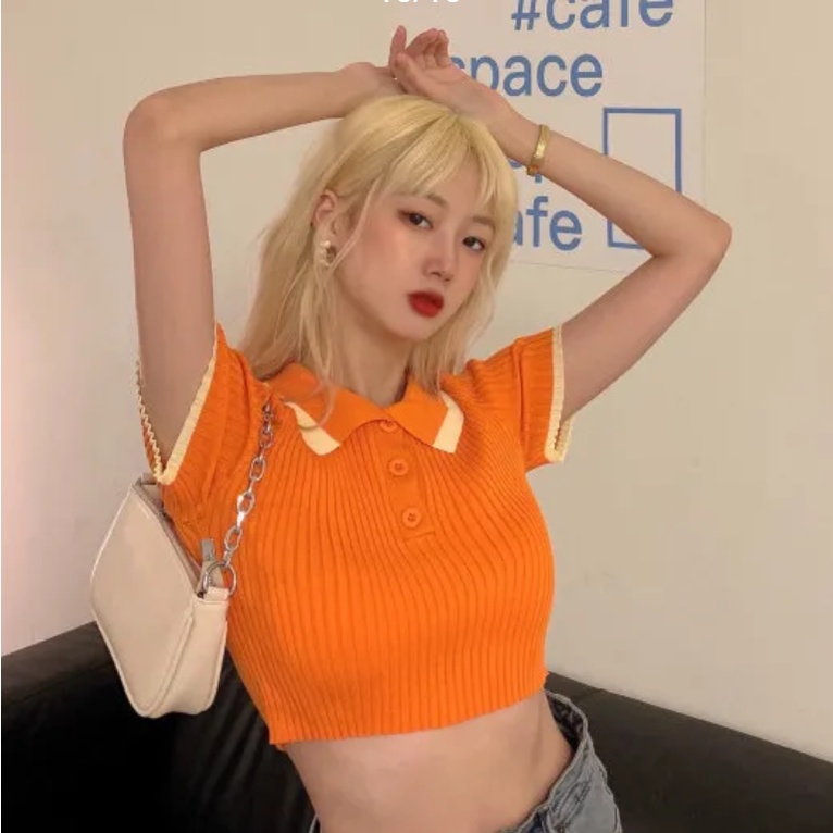 Áo croptop dệt kim ngắn tay có cổ thời trang mùa hè cho nữ