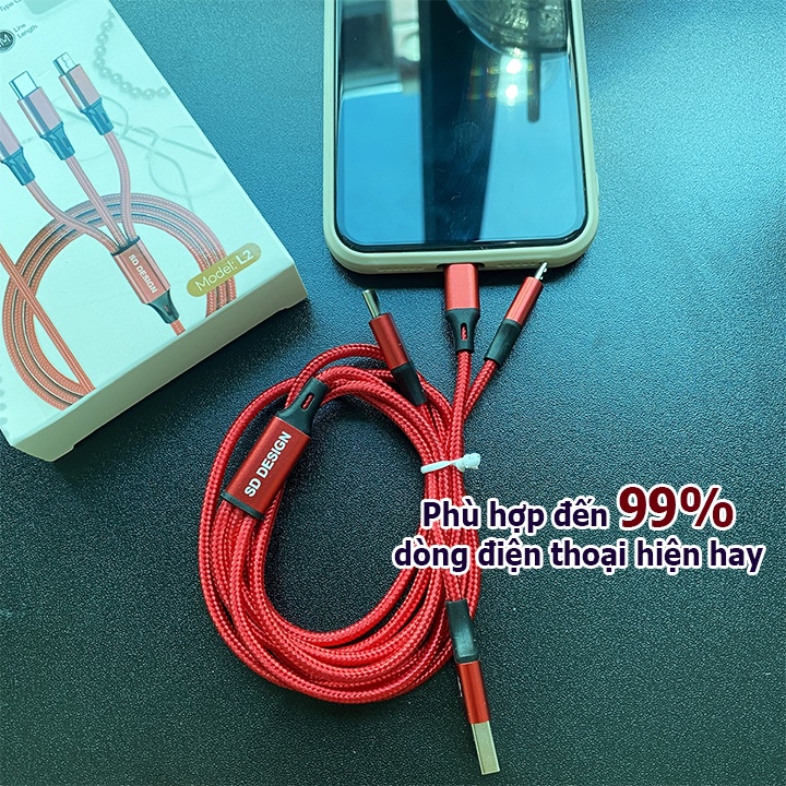 Dây cáp sạc 3 đầu đa năng bọc dù chính hãng SD-Design bảo hành 6 tháng cho IP, Samsung, Huawei, Xiaomi, Oppo - MarioCase