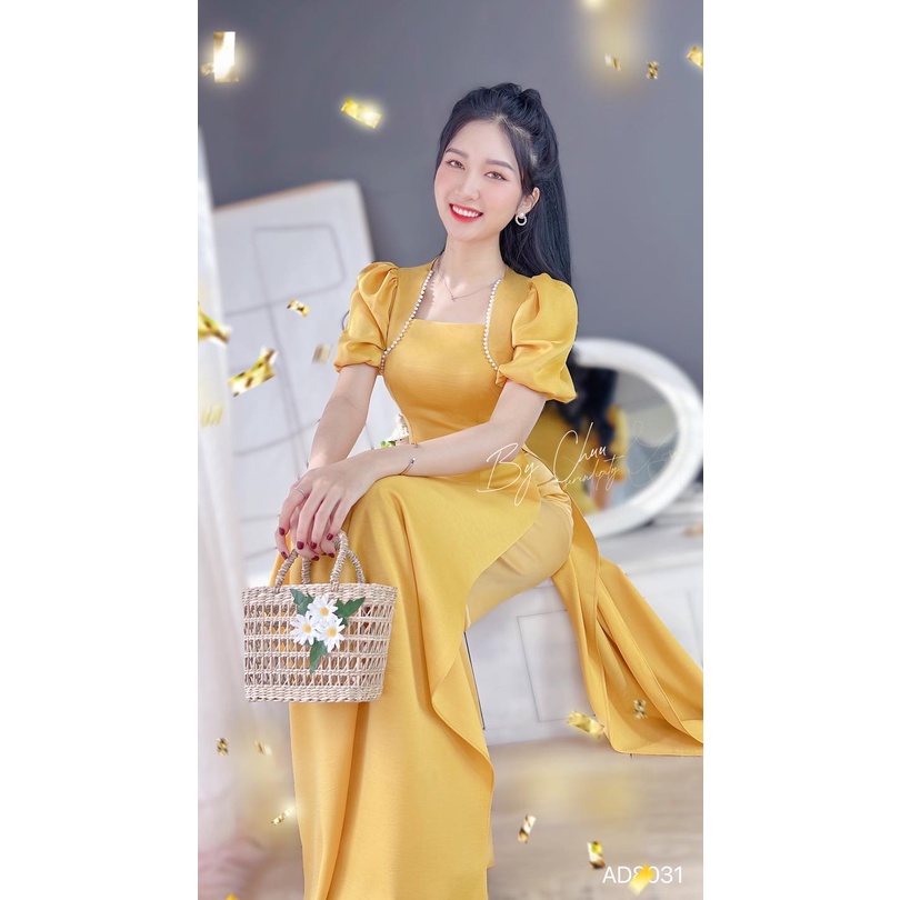Áo dài cách tân nữ tay bồng cổ vuông đính ngọc CHUU AD8091 không kèm quần