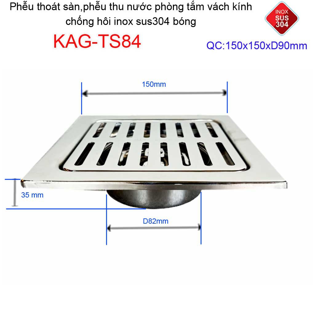 Phễu thoát sàn chống mùi hôi inox 304, ga thoát sàn inox Kace  bóng hình sọc 10x10cm, 12x12cm, 15x15cm