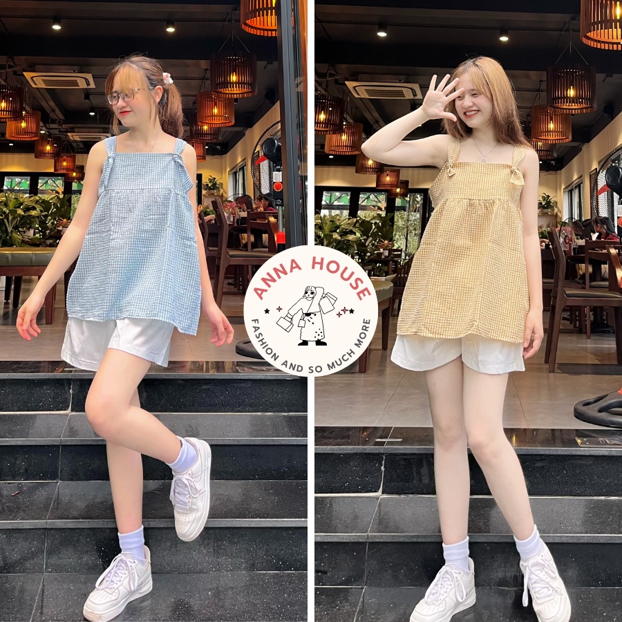 Set đồ nữ áo 2 dây kẻ caro buộc nơ vai kèm quần đùi ngắn, bộ đồ nữ Áo 2 dây babydoll và quần short nữ chất đũi xốp