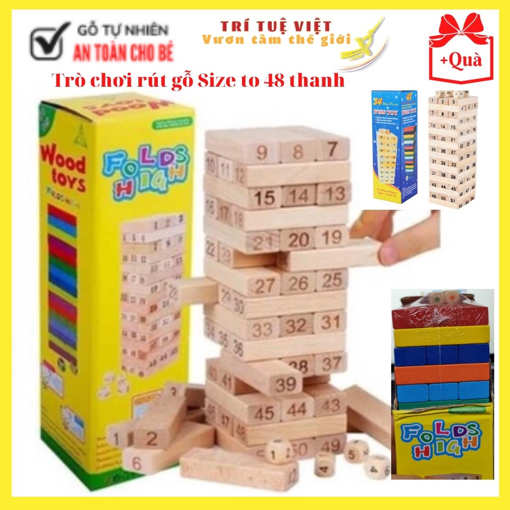 Rút Gỗ 48 Thanh Gỗ Màu SIZE Loại To Board Game Đối Kháng Trí Tuệ Tư Duy Vui Nhộn - Xếp Hình Domino Xả Stress TRITUEVIET