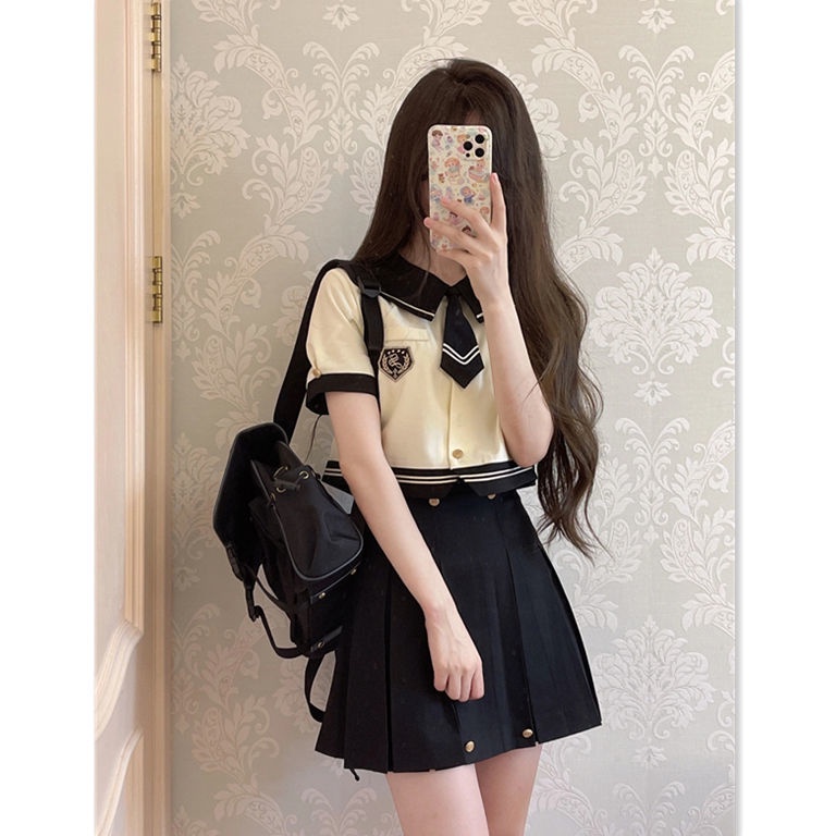 Set Áo Sơ Mi + Chân Váy Xếp Ly Phong Cách Thủy Thủ Thời Trang Hàn Quốc Dành Cho Nữ