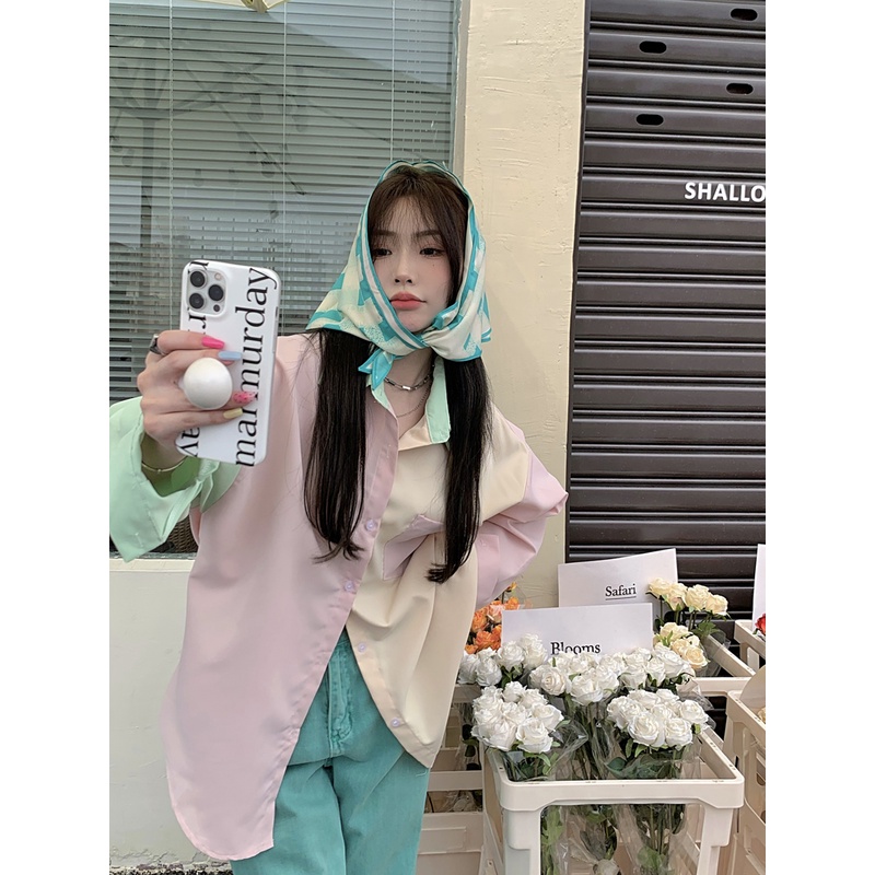 Áo sơ mi chống nắng chất mỏng tay dài phối màu tương phản thời trang phong cách Hàn Quốc cho nữ