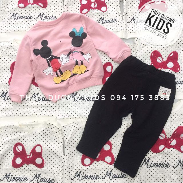 Bộ nỉ dày Zara Minnie chấm bi và mickey nắm tay màu hồng xuất dư cho bé gái
