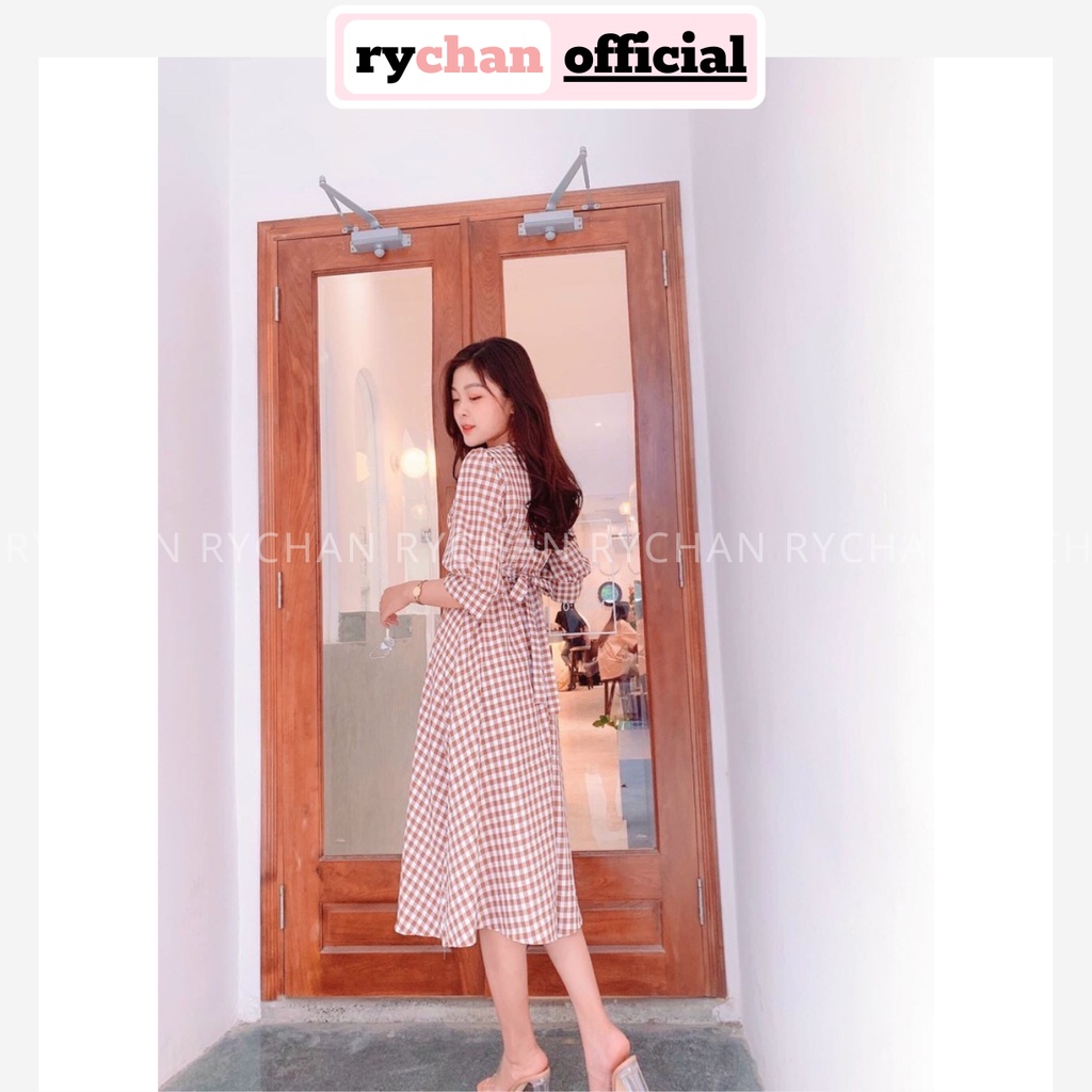 Đầm Xòe Caro Tay Phồng Cột Eo Sau - DX982