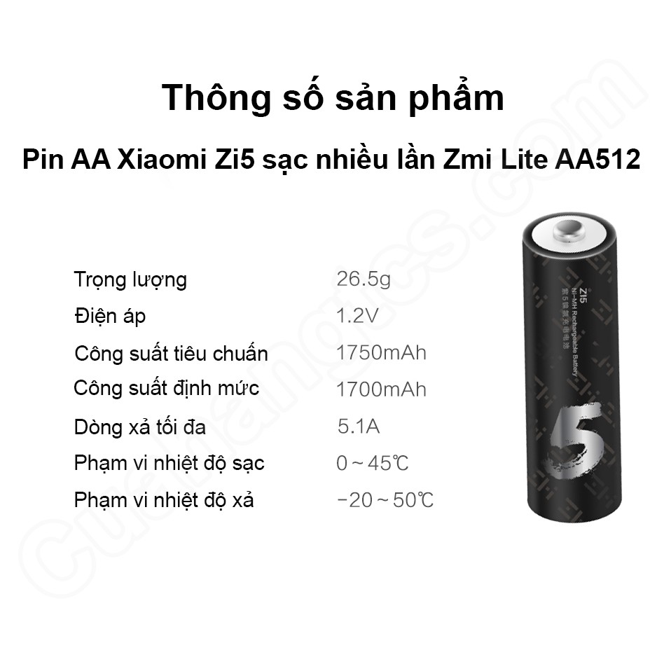 Pin AA Xiaomi Zi5 sạc được nhiều lần Zmi Lite AA512