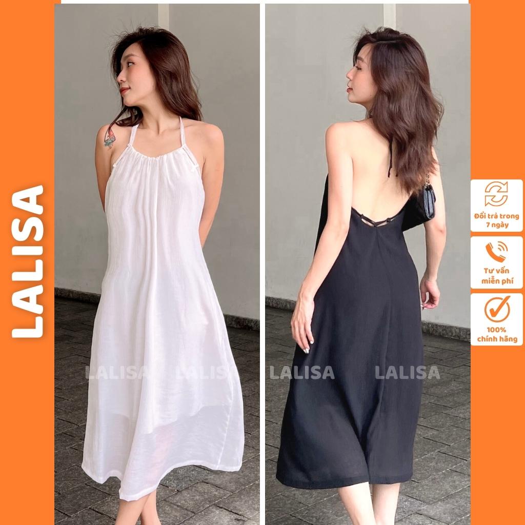 Đầm Dự Tiệc LALISA Đầm Maxi Dài Cổ Yếm Hở Lưng Thiết Kế Cột Dây Tiểu Thư Chất Vải Đũi Màu Trắng Đen Đi Dự Tiệc VD062