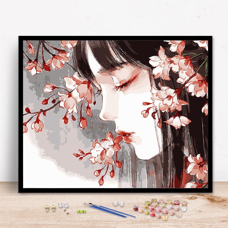 Tranh sơn dầu số hóa rẻ,đẹp-tranh tô màu theo số- tranh cô gái cổ tranh hoa đỏ, Tặng khăn,khung gỗ 40x50-Moonshop-T1