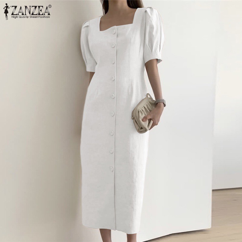 Đầm ZANZEA ôm dáng cổ vuông tay ngắn màu trơn thanh lịch cho bạn gái