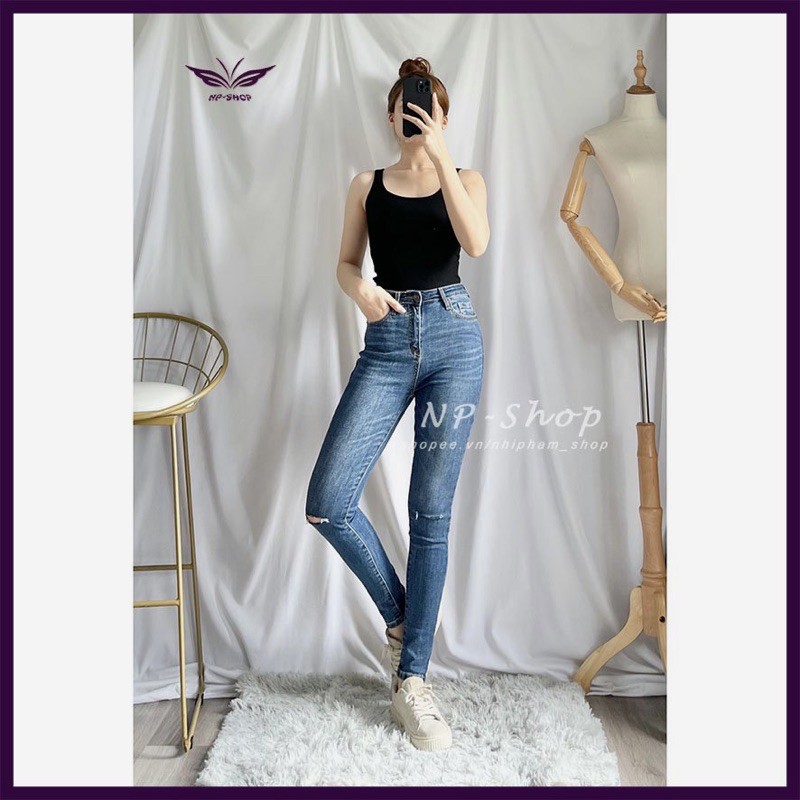 Quần skinny jean ôm nữ lưng cao⚡️quần bò nữ cạp cao co giãn rách gối Nhipham shop/vnxk