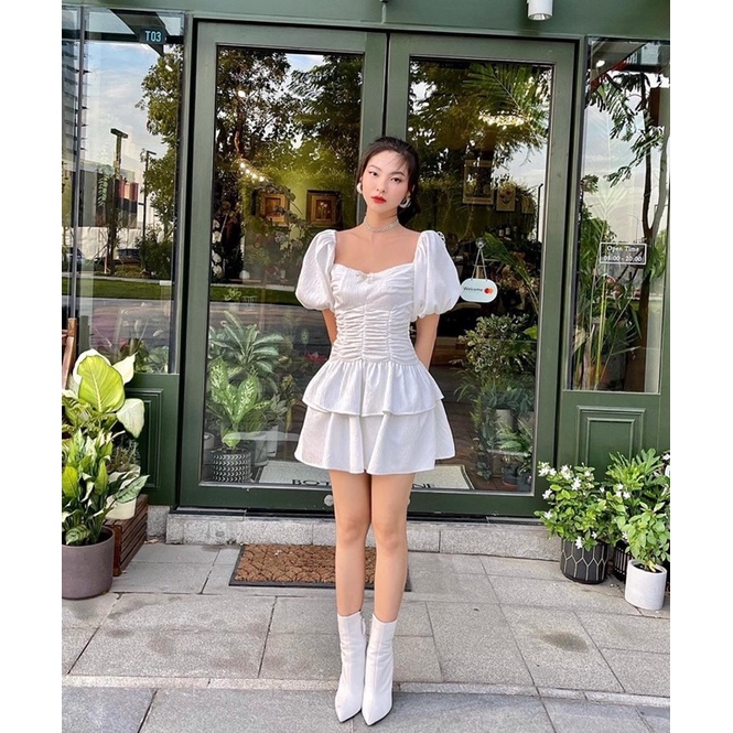 Đầm trắng nơ 2 tầng l