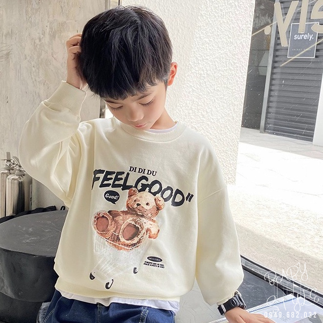 Áo sweater &quot;FEEL GOOD&quot; 14-45kg cho bé trai, bé gái 4-15 tuổi. Vải nỉ da cá thu đông co giãn, dày dặn. B37