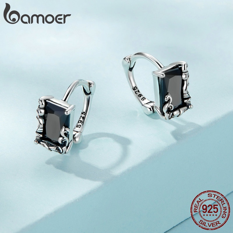 Bông tai BAMOER SCE1497 bạc 925 đính đá zircon màu đen thời trang cho nam và nữ