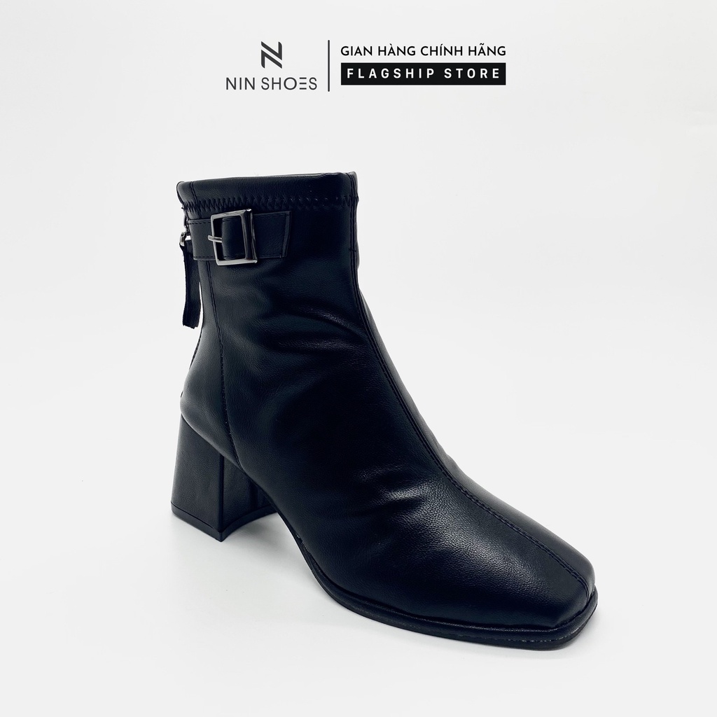 Giày Boot nữ 5p gót vuông khoá hông kéo khoá sau da si Ninshoes | WebRaoVat - webraovat.net.vn