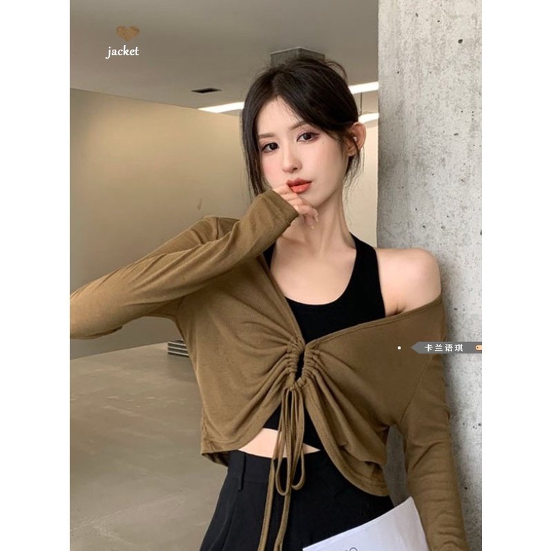 Áo Croptop Dệt Kim Dây Rút Tay Dài Chống Nắng Ôm Dáng Vừa Vặn Cho Nữ