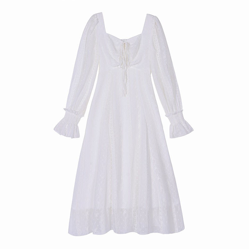 Lace Dress French Style Retro Trumpet Sleeve Square Collar Drawstring Waist-Controlled Slimming Long Sleeve Fairy Dress Female Temperament | BigBuy360 - bigbuy360.vn