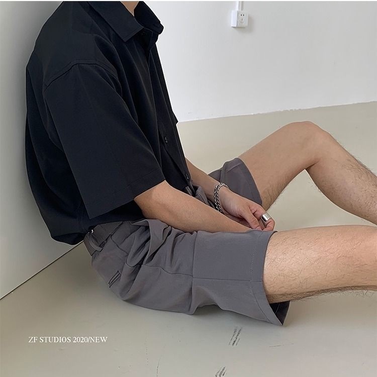 Áo Sơ Mi Tay Ngắn Dáng Rộng Vải Lụa Mát Màu Trơn Đơn Giản Thời Trang Cao Cấp Cho Nam Áo sơ mi thời trang thường ngày