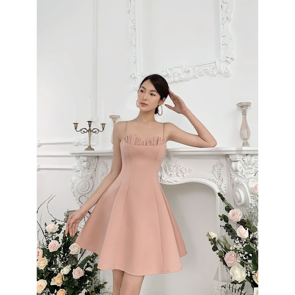MOLLYNISTA - Đầm Lita hồng 2 dây dáng A nhún ngực