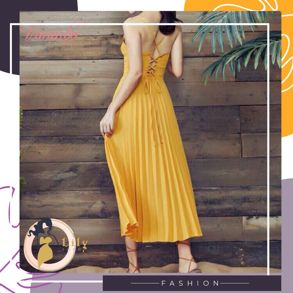 [Ảnh thật] - 💥💥💥Đầm maxi vàng dập ly 2 dây đan lưng (W175)