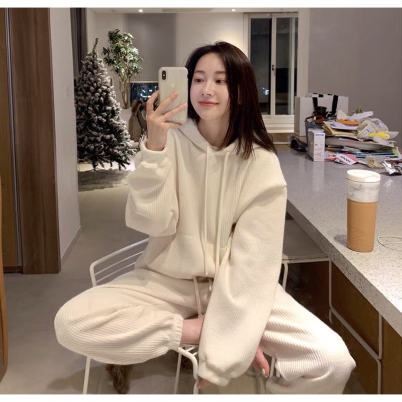 Bộ Đồ Nỉ Tăm Thu Đông Áo Hoodie + Quần Short Phong Cách Hàn Quốc