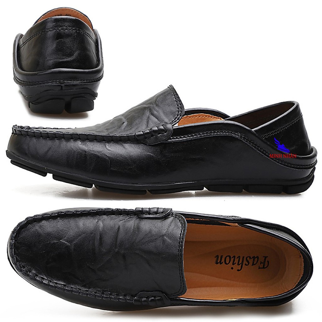 Giày mọi nam da bò đẹp cao cấp mẫu mới nhất xỏ Đế bệt có thể gập nhẫm dẫm gót lái xe thời trang hàng hiệu giá rẻ M-7 đen | BigBuy360 - bigbuy360.vn