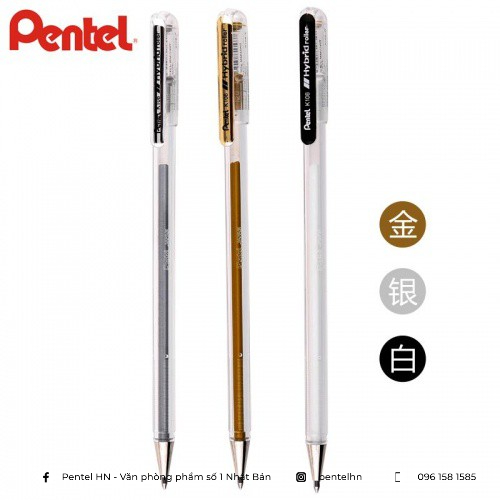 Bút Nhũ Pentel K108 Hybrid Roller | Màu Nhũ Tươi Sáng Nhanh Khô Không Lem Nhòe | Ngòi 0.8mm 3 Màu Mực (vàng, bạc, trắng)