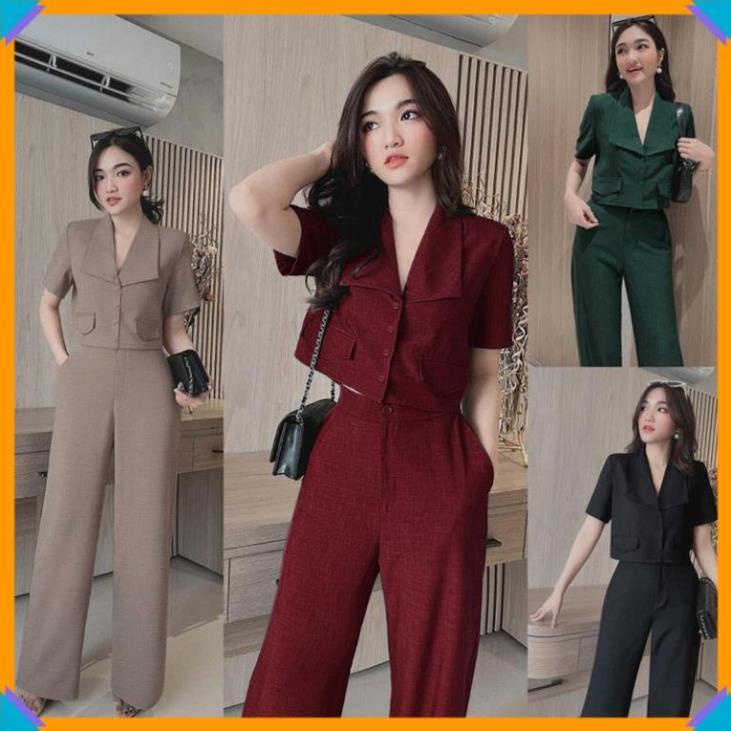 Set Bộ Nữ 🌸FREESHIP🌸 Set nguyên bộ quần dài ống suông áo croptop cổ vest 2 nắp túi giả xinh xắn J1170