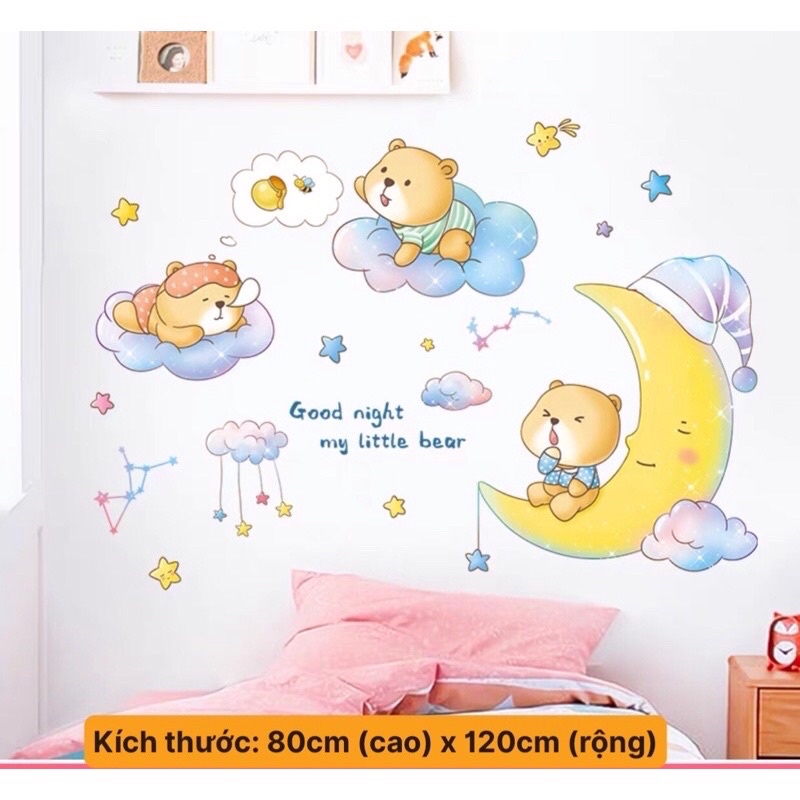 Tranh dán tường chúc bé ngủ ngon gấu và trăng, chất liệu cao cấp chống thấm nước .