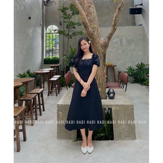 Đầm vải lụa rút ngực dáng middi - Thương