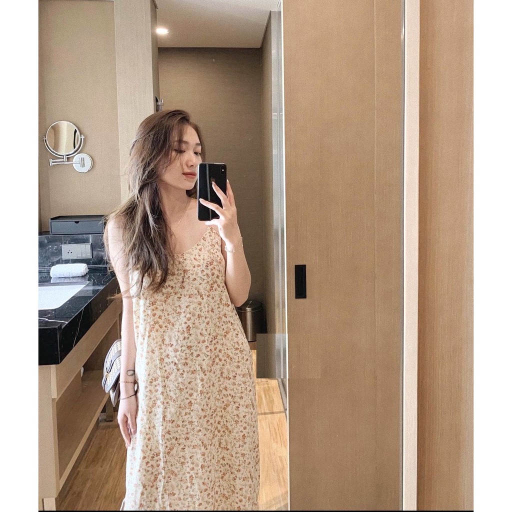 Váy 2 Dây Hoa Nhí Cam PEONYB Nữ [FREESHIP] 🌸 Đầm midi maxi mặc đi biển, dáng suông dài cổ tim bánh bèo Ulzzang 🌸