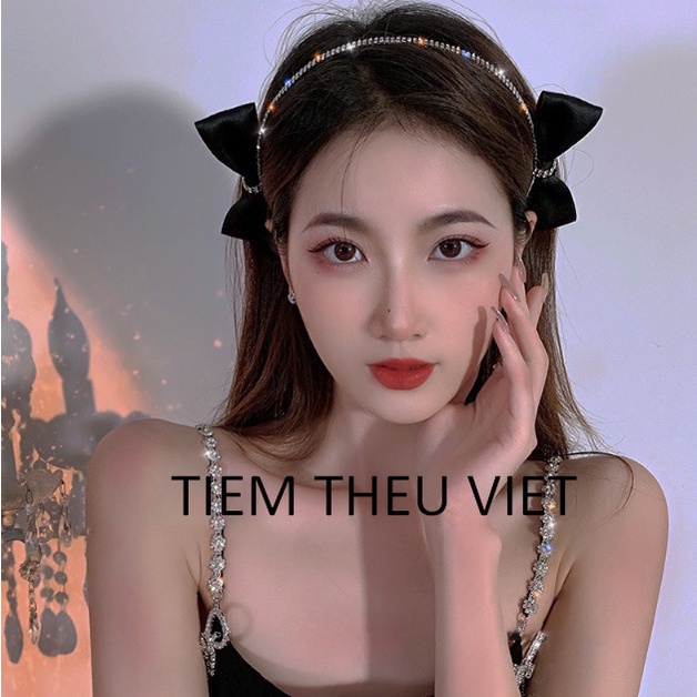 Băng Đô Hai Bên Đính Nơ Phối Đá Tiệm Thêu Việt Sang Trọng