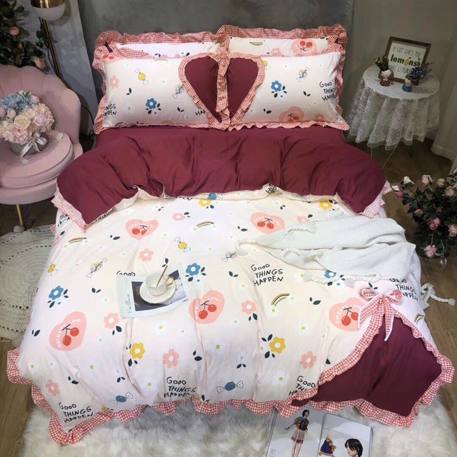 Bộ chăn ga gối cotton bèo nơ dành cho các cô nàng điệu đà