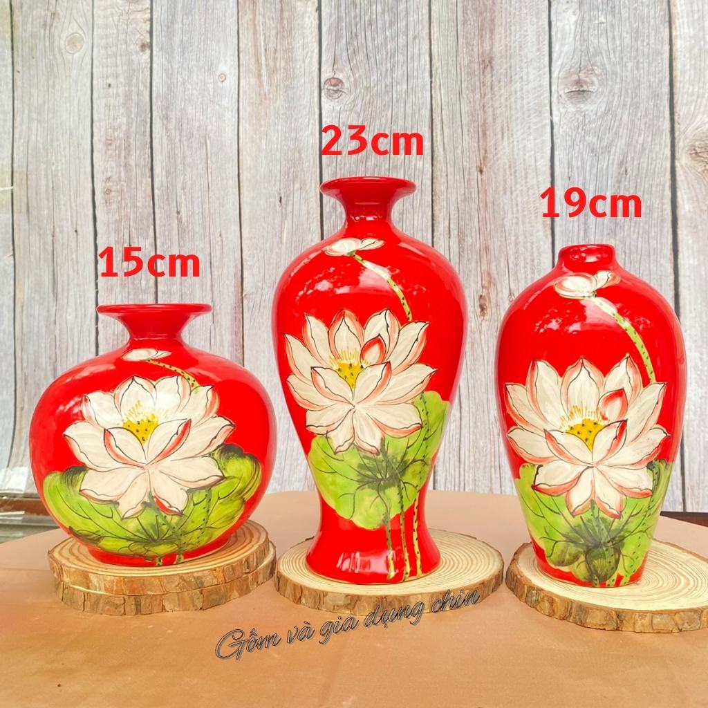 Lọ Hoa Decor Bộ Bình Hút Lộc - BÁT TRÀNG men bóng vàng đỏ cô-ban , họa tiết hoa vẽ tay cao 25,19,15cm - GỐM SỨ TUTI