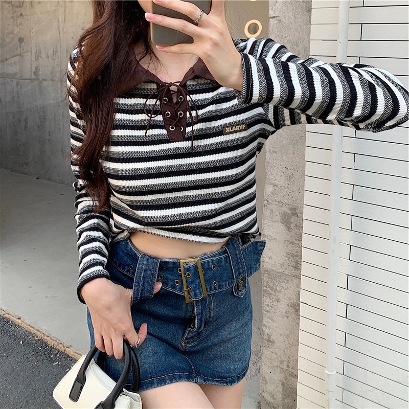 Áo dệt kim ZHELIHANGFEI tay dài cổ bẻ cột dây họa tiết kẻ sọc thời trang trẻ trung cho nữ